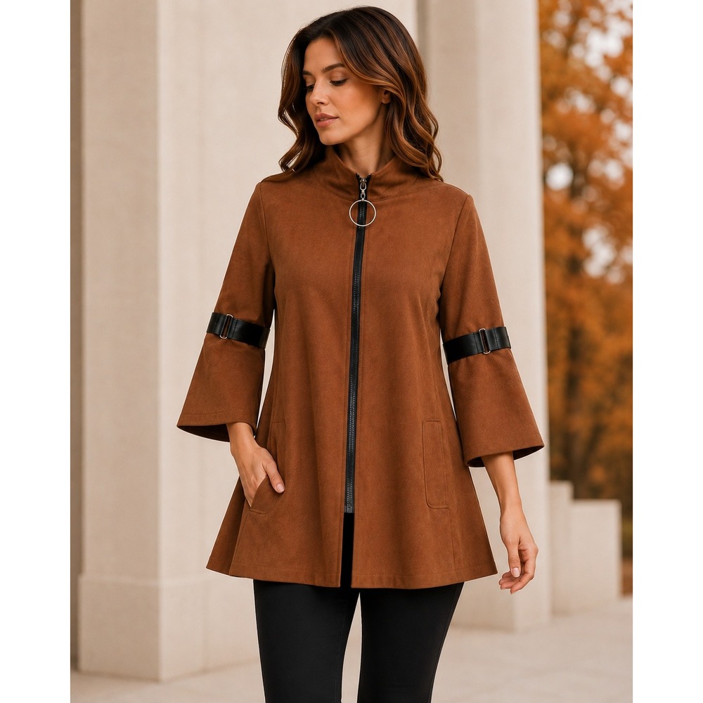 70s Inspired Modern Boho Faux Suede Jacket Retro Mod Brown Bell Sleeve Small
